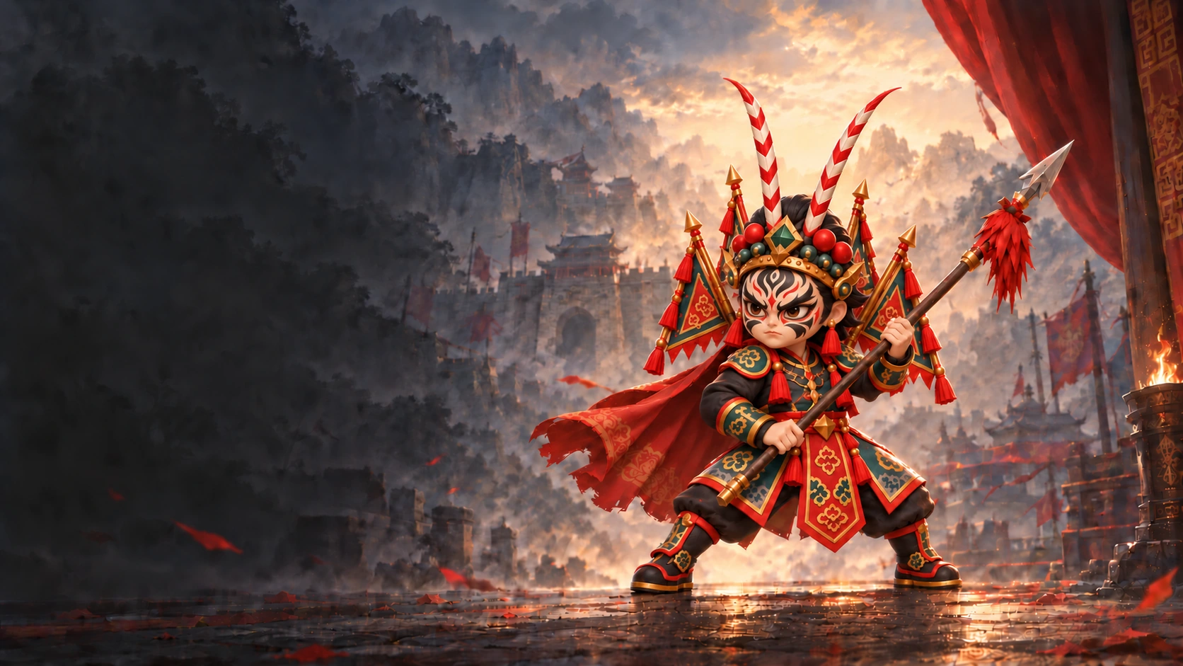 杨家魂作品首页封面，戏曲武将持枪立于城门前